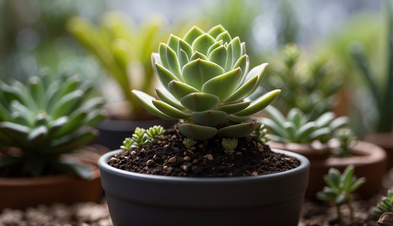 A succulent stem cutting is placed in a pot of well-draining soil. The pot is then placed in a bright, indirect light location to encourage root growth