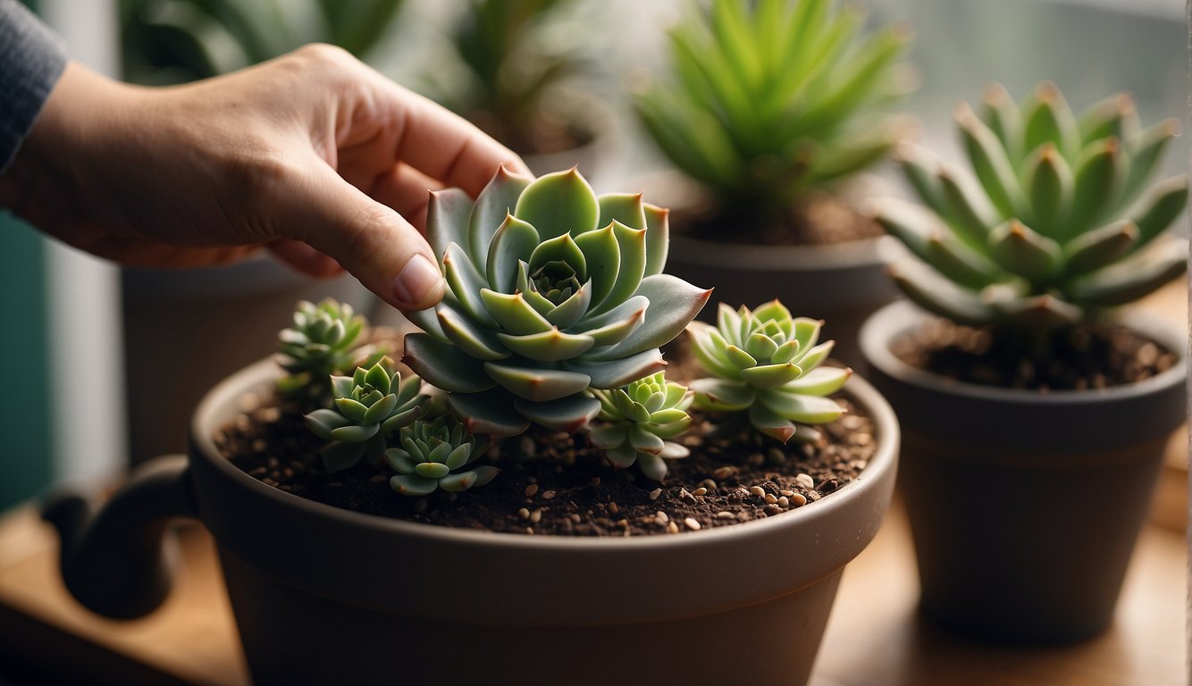 A hand holding a succulent stem cutting. A small pot with soil and a watering can nearby. A FAQ sheet on propagating succulents in the background
