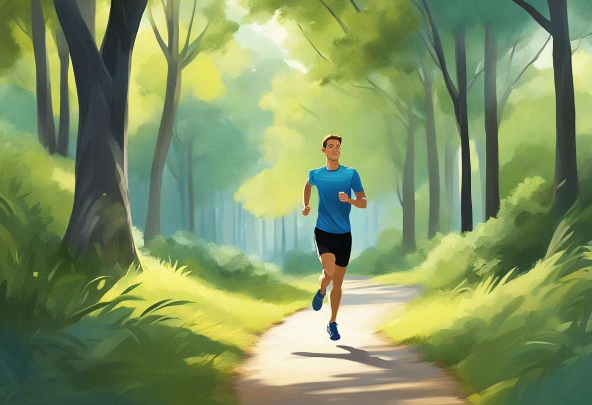 A runner paces leisurely through a serene, tree-lined path, focusing on controlled breathing and relaxed movements