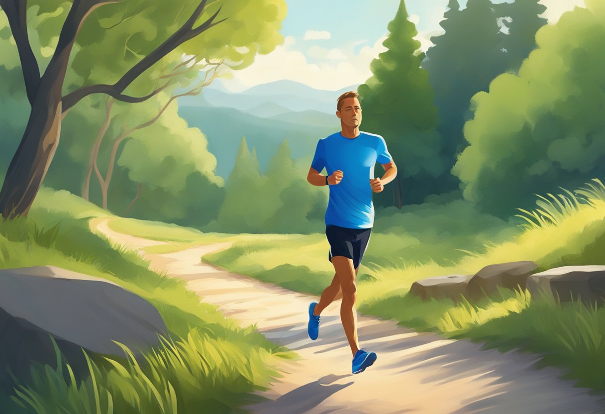 A runner on a peaceful trail, surrounded by nature. The focus is on slow, deliberate movement, with an emphasis on relaxation and mindfulness