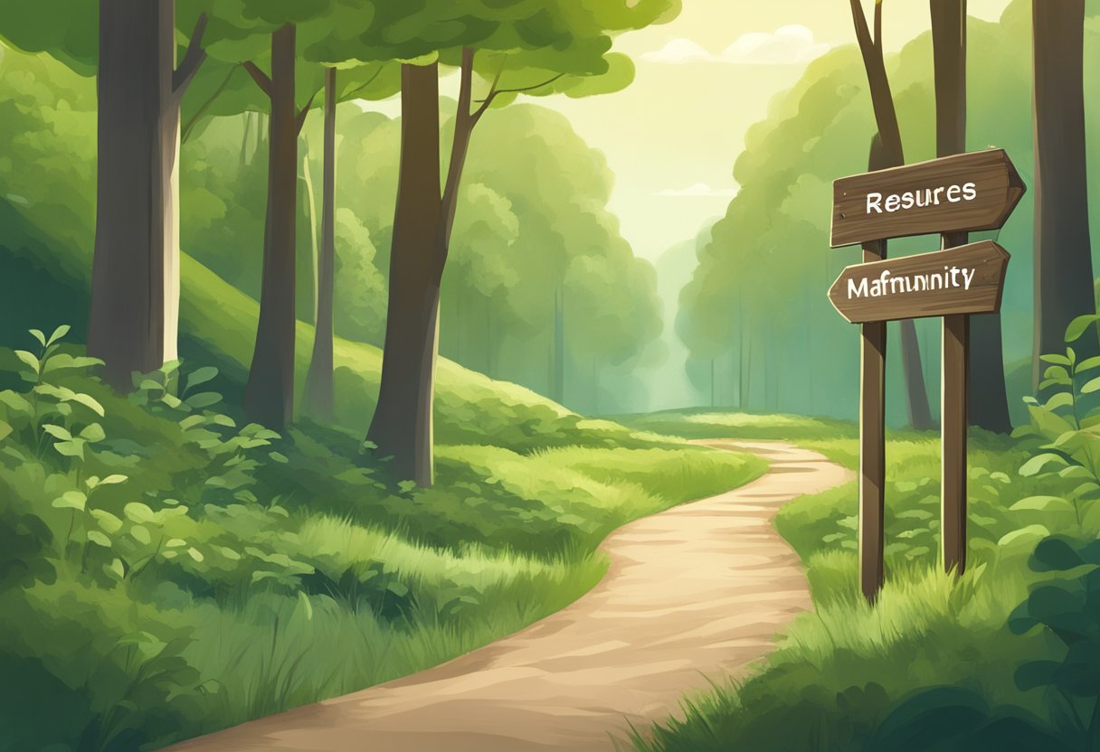 A serene landscape with a winding trail through lush greenery, with a signpost pointing towards "Resources and Community Maffetone Method - want speed? Slow Down" nestled among the trees