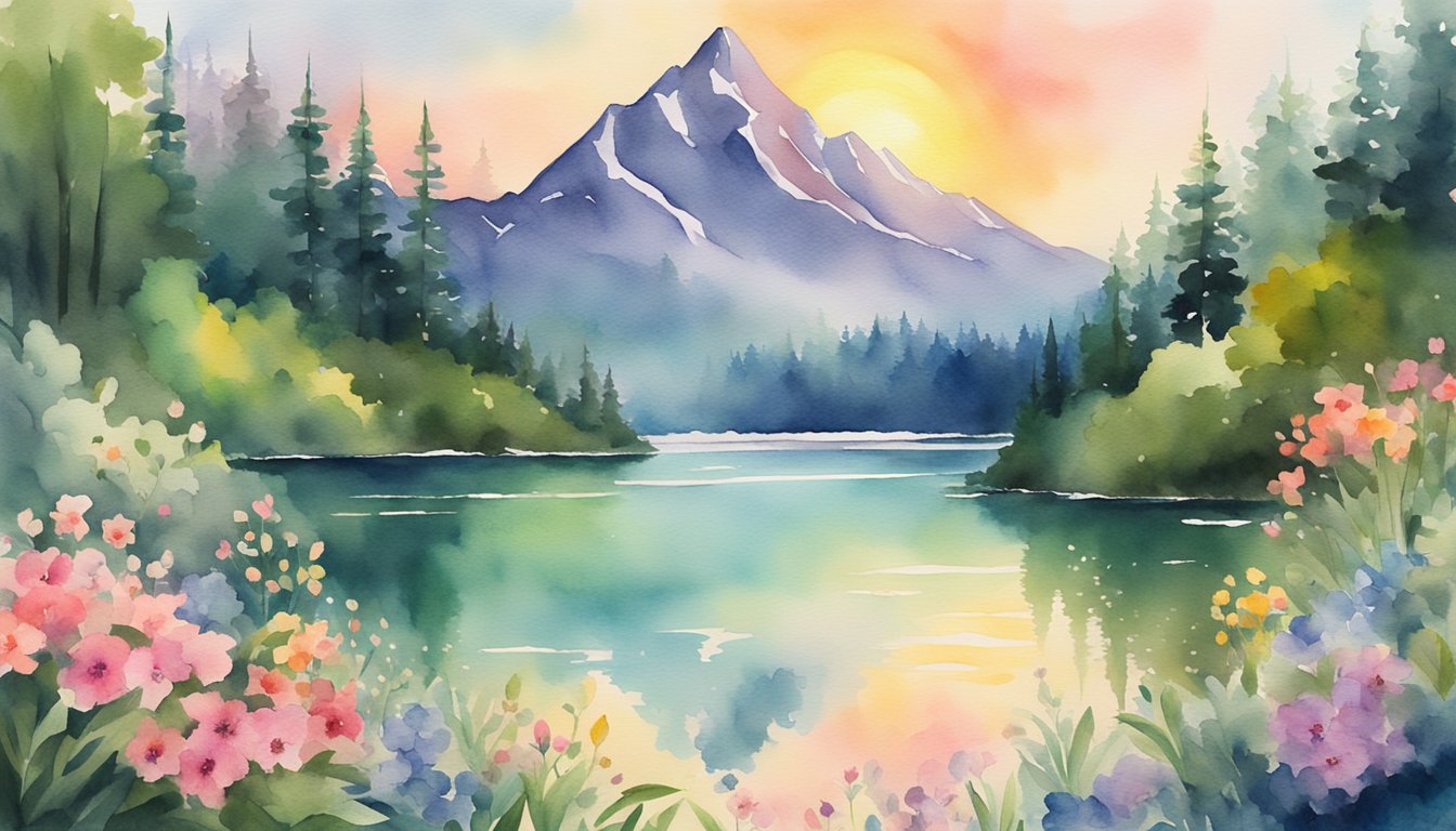 A serene mountain peak with a glowing sun and a tranquil lake below, surrounded by lush greenery and colorful flowers