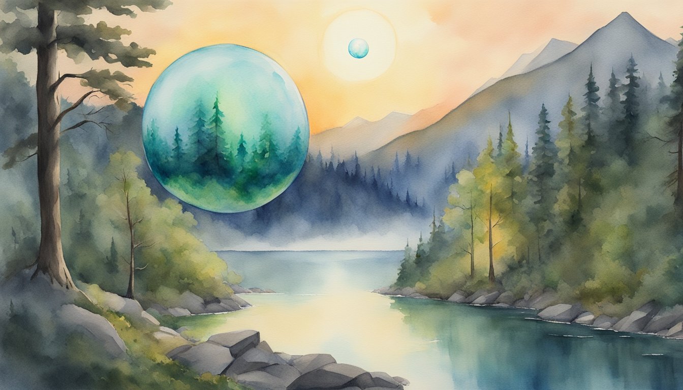 A glowing orb hovers over a tranquil forest, surrounded by three towering mountains and a flowing river.</p><!-- wp:group {