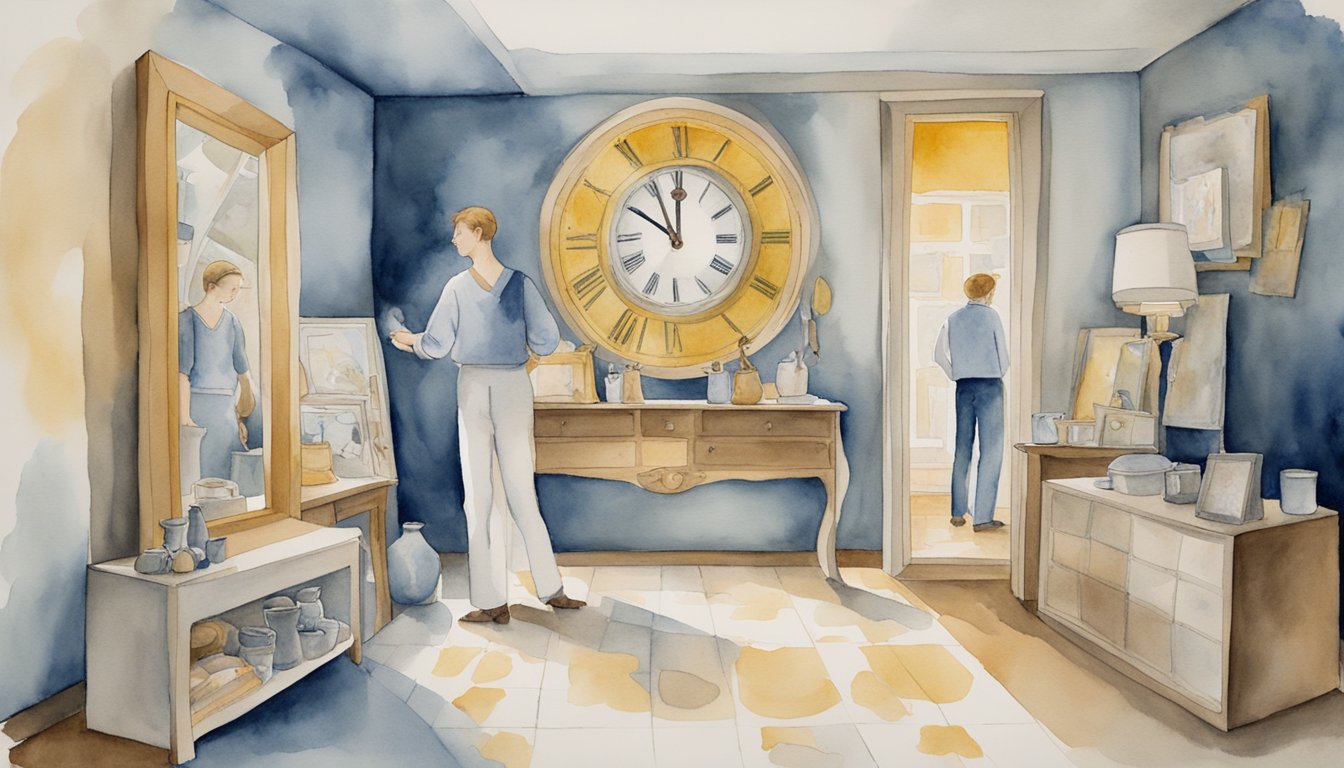 A figure stands in front of a mirror, surrounded by 11 symbolic objects.</p><p>A clock shows 11:11, while the figure contemplates a path split into 11 directions