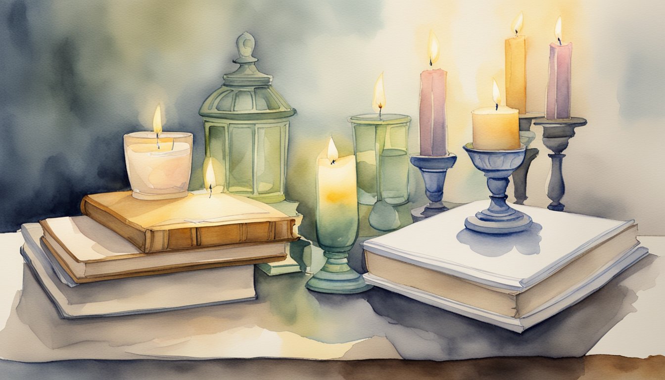 A table with four objects arranged in a square, surrounded by four candles, and four books stacked next to them