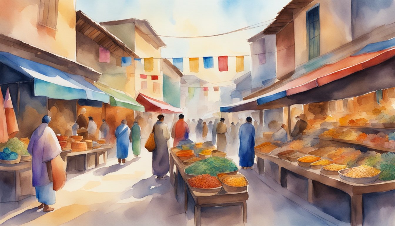 A vibrant marketplace with diverse cultural symbols and artifacts on display.</p><p>Colorful textiles, traditional crafts, and unique items from different cultures