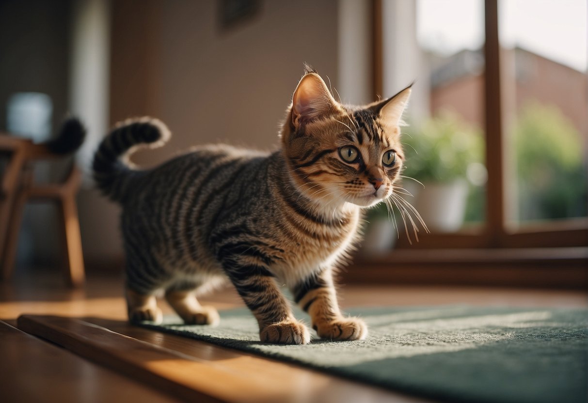 A playful kitten pounces on a toy, while a regal cat lounges on a windowsill. A curious cat investigates a new object, while a shy cat hides under a chair. A confident cat struts around the room, tail held high