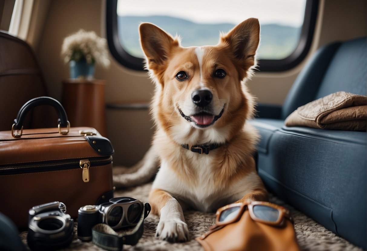 A dog sits next to a suitcase filled with travel essentials. A plane ticket, pet carrier, and dog supplies are scattered around, depicting the expenses of traveling with a dog
