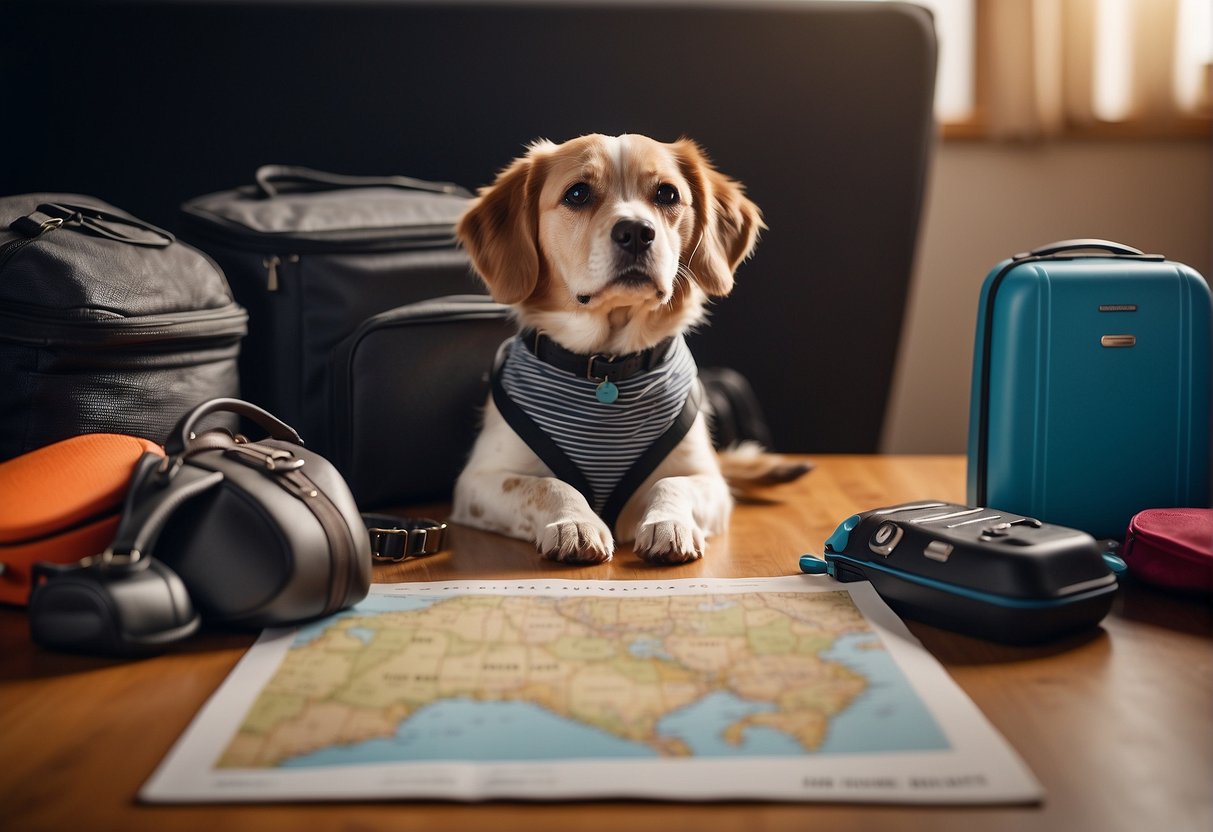 A dog sits beside a pile of travel essentials - leash, food, water bowl, and toys. A map and passport lay nearby, ready for a journey