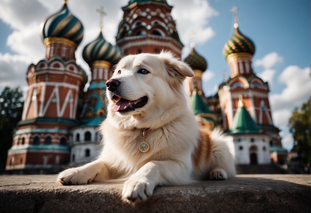 Regal Russian dog breeds pose in front of historic landmarks