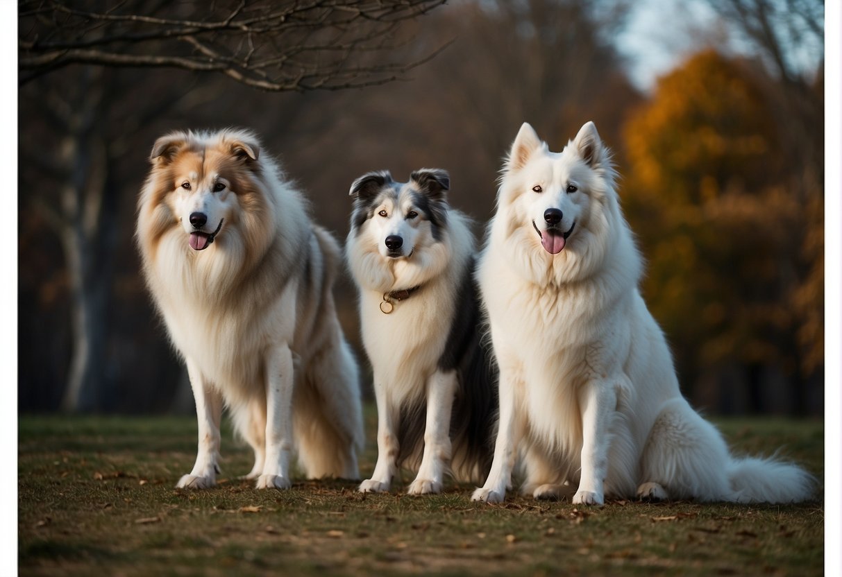 A regal Borzoi stands proudly at the forefront, flanked by a majestic Samoyed and a powerful Caucasian Shepherd, symbolizing the grandeur and history of Russian canine royalty