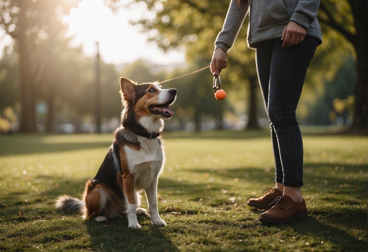 A dog and its owner go for a morning walk in the park, stopping to play fetch and practicing obedience commands. They end the routine with a cuddle and treat time