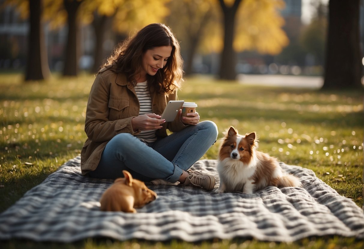 A person and a pet enjoying a peaceful walk in the park, sitting together on a blanket, and playing with toys