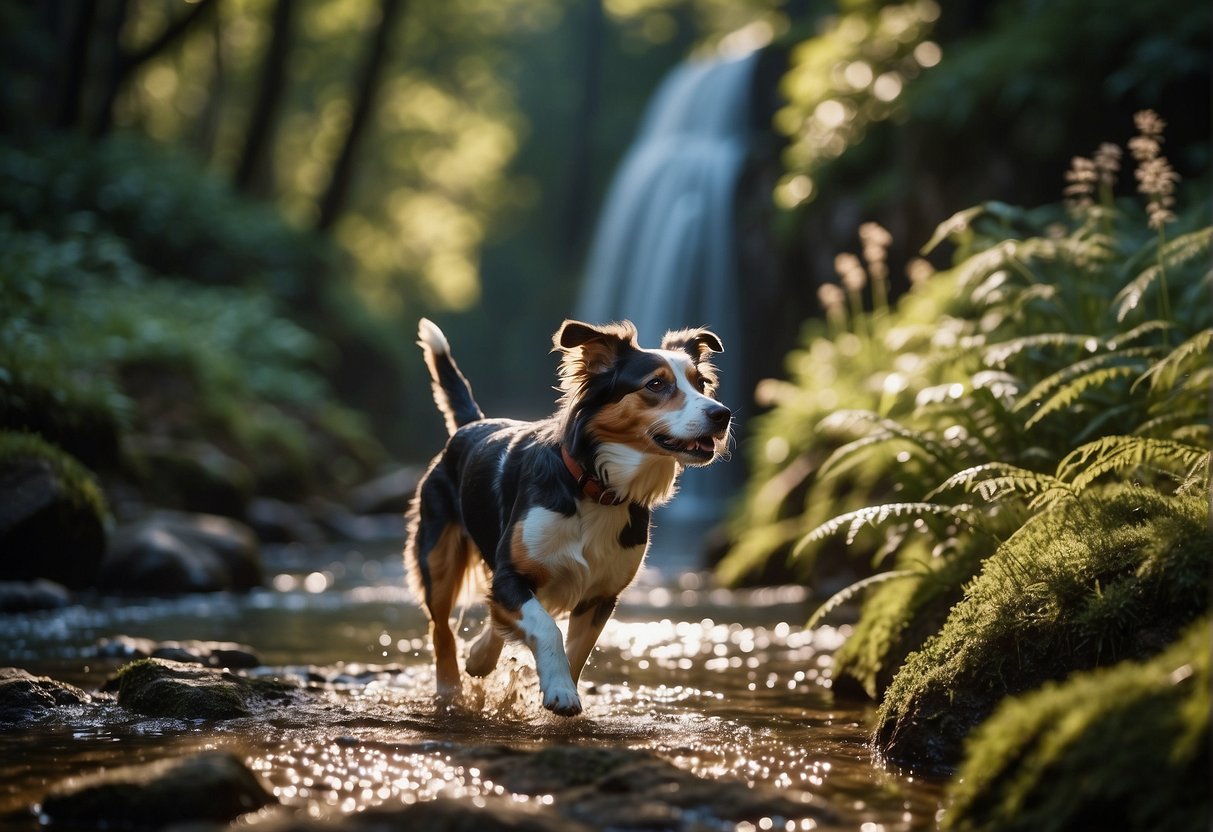 A dog trots through a lush forest, sniffing at the vibrant flora. A winding path leads to a hidden waterfall, where the dog eagerly splashes and plays in the cool water