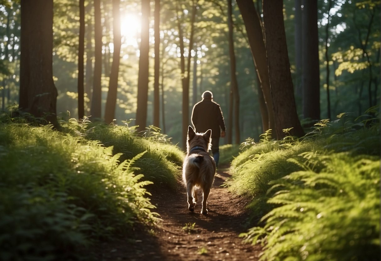 A dog eagerly leads its owner down a winding path through a lush forest, pausing to sniff and explore along the way. The sun filters through the trees, casting dappled shadows on the ground