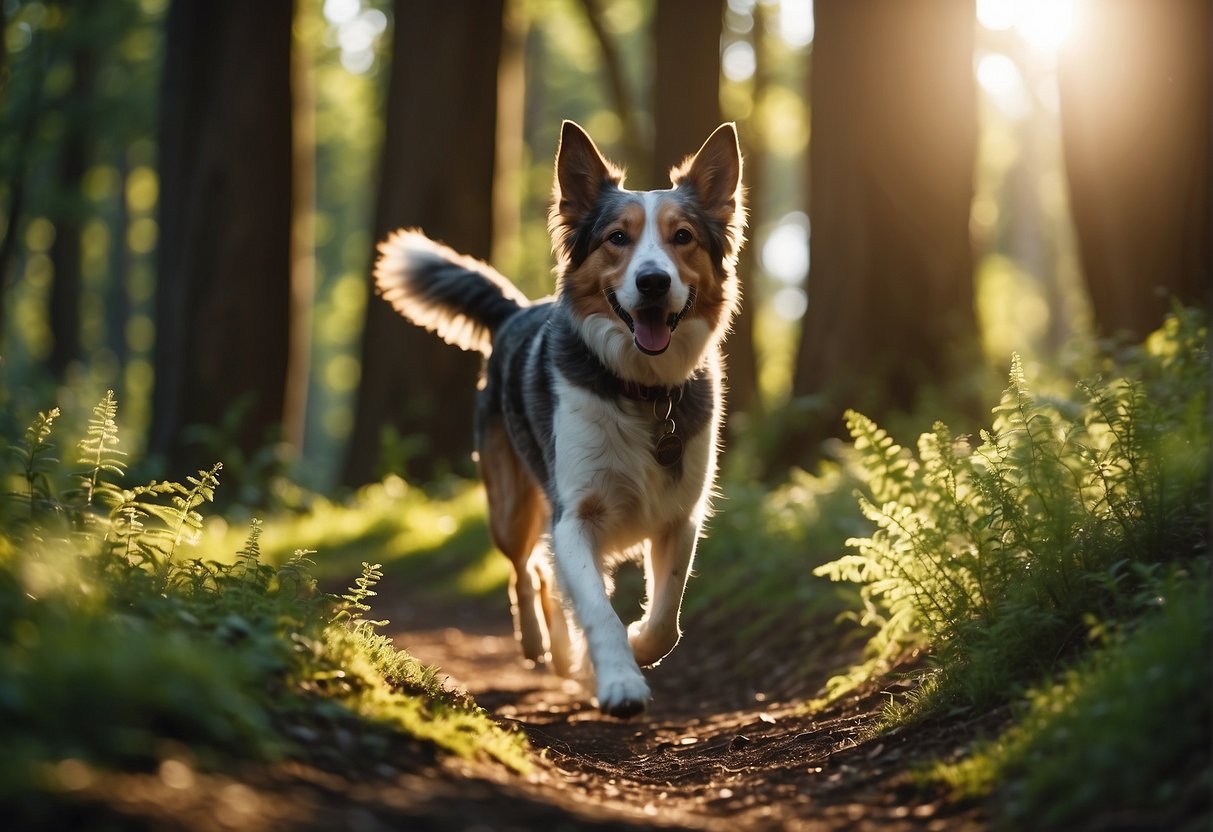 A dog walks on a forest trail, tail wagging. Trees and bushes line the path. The sun shines through the leaves, creating dappled shadows on the ground