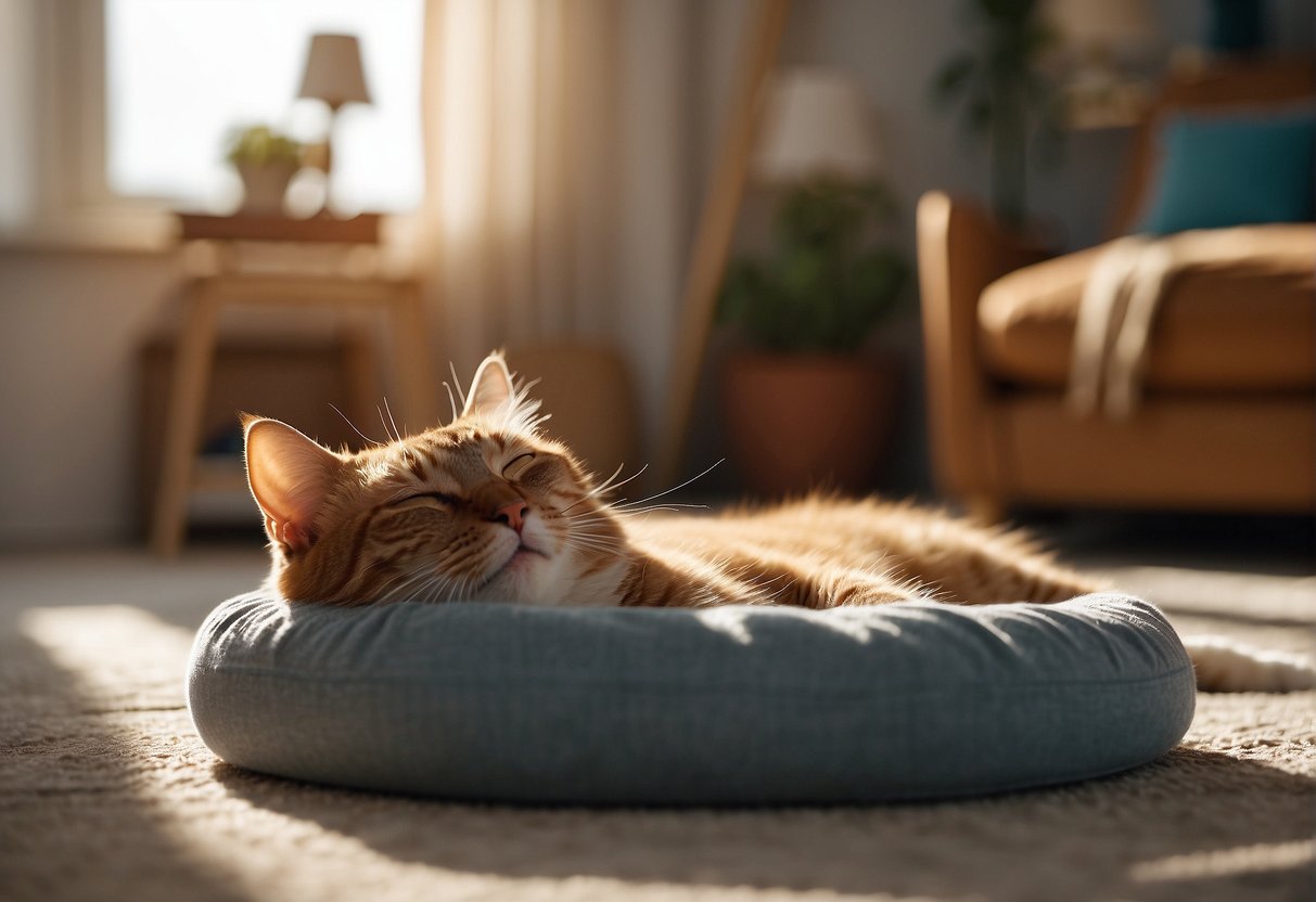 A relaxed cat lounges in a sunlit room with toys and a cozy bed. Soft music plays in the background while the cat enjoys a peaceful environment