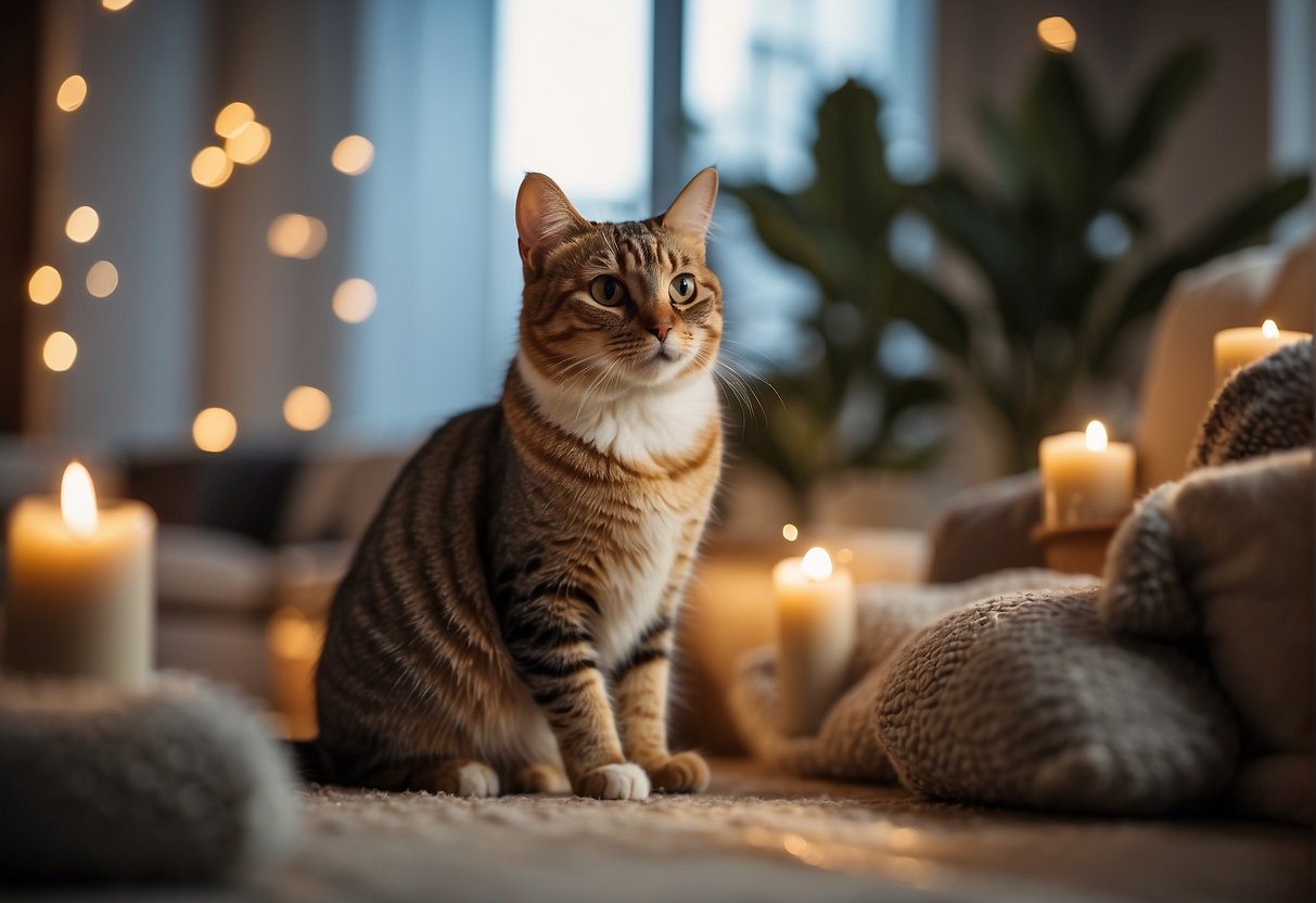 A cat sitting in a cozy, quiet room with soft lighting and calming music playing in the background. A variety of toys and scratching posts are available for the cat to play with, and there are hiding spots for the cat to retreat to if feeling overwhelmed