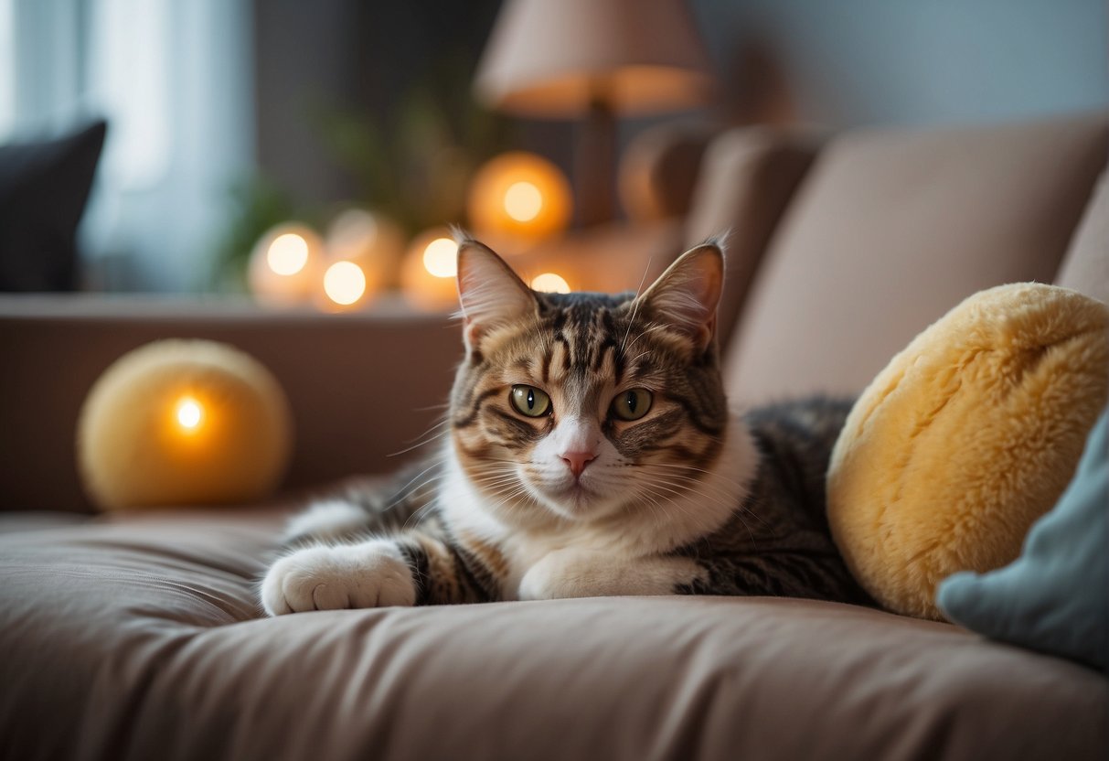 A calm, cozy living room with soft lighting and comforting surroundings. A cat resting on a plush bed, surrounded by soothing toys and a calming pheromone diffuser