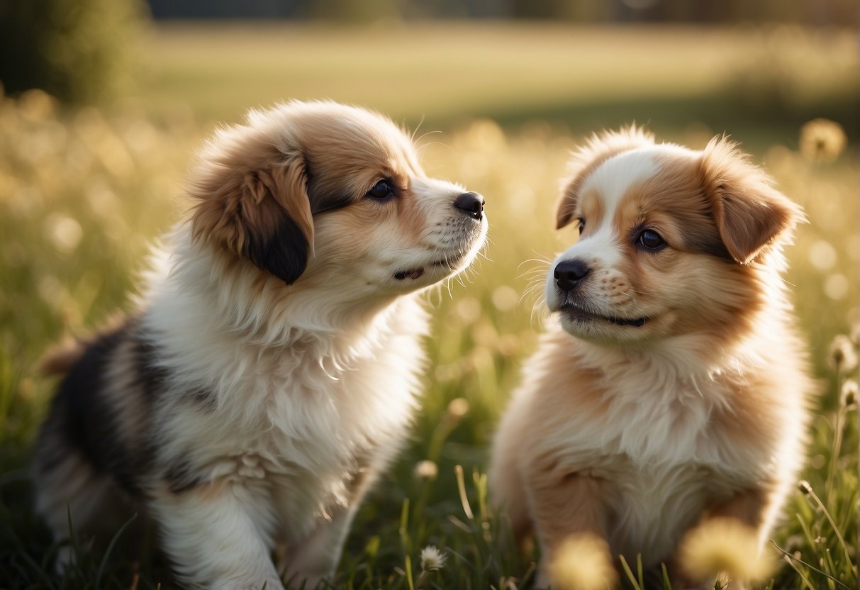 A litter of fluffy puppies playfully tussle in a sun-drenched meadow, their round eyes and wagging tails exuding irresistible charm