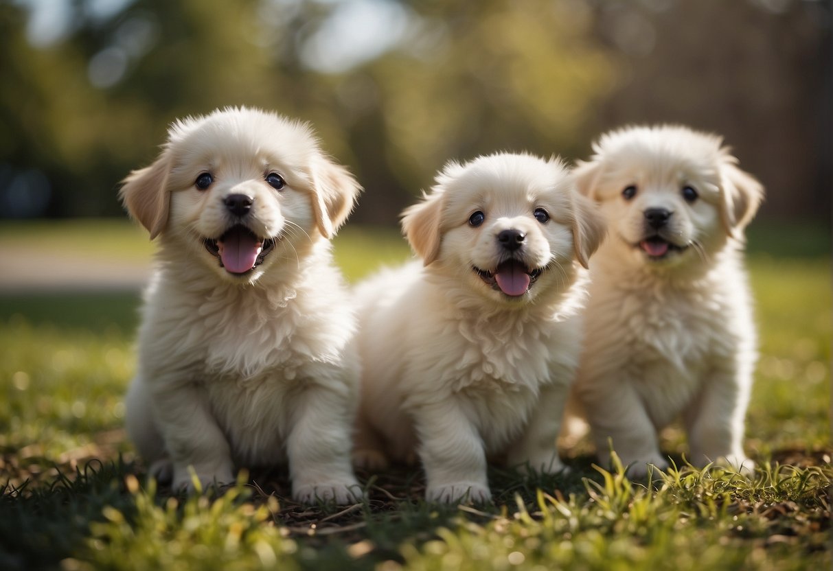 A litter of fluffy puppies playfully tussle, their big, round eyes and tiny wagging tails exuding irresistible charm