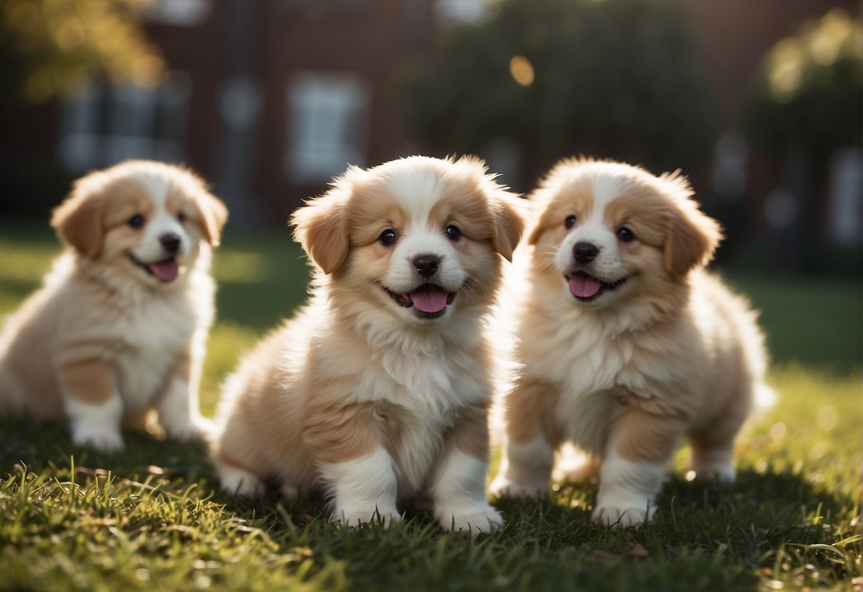A group of fluffy puppies playing together, their adorable faces and wagging tails eliciting feelings of joy and contentment
