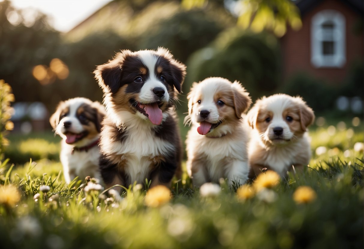 A group of puppies playing in a vibrant garden, their fluffy fur and wagging tails capturing the attention of onlookers