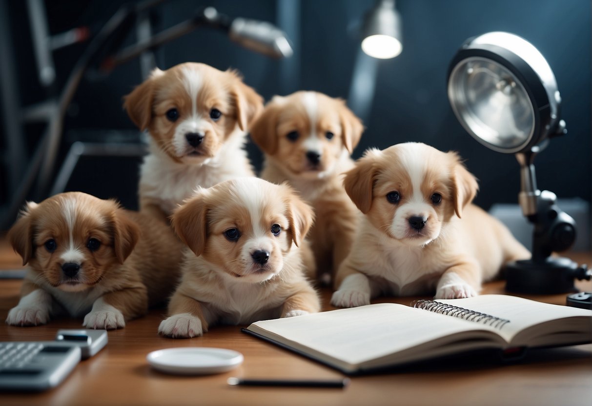 A group of puppies surrounded by measuring tools and scientists taking notes on their cuteness