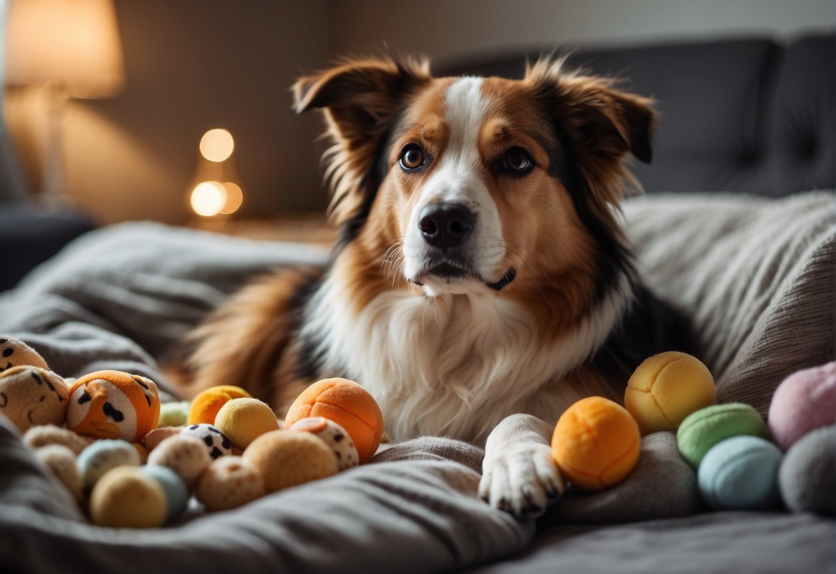 A dog lying on a cozy bed, surrounded by toys and treats. The room is filled with natural light, and there is a comforting presence nearby