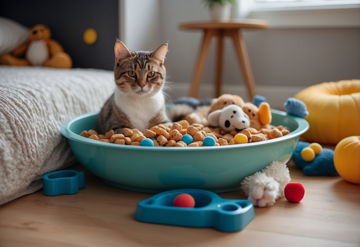 A pet bowl filled with food and water, a cozy bed, and a selection of toys scattered on the floor in a clean and spacious area