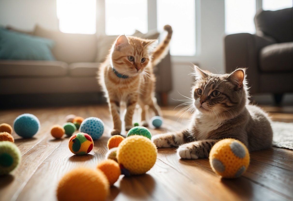 Pets playing with toys in a spacious, well-lit room. A variety of enrichment activities are available, such as puzzle feeders and interactive toys. A comfortable resting area is also provided