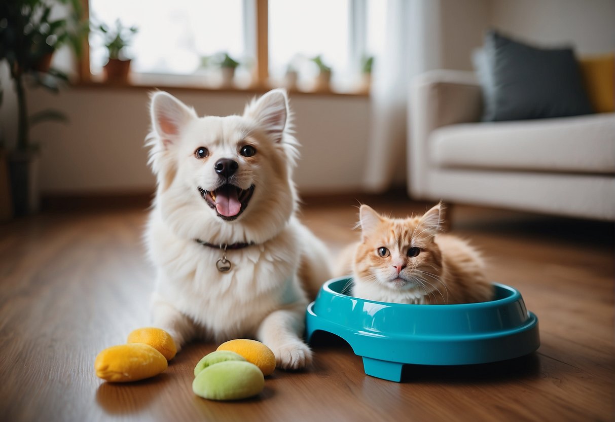 Pets are fed and groomed in a cozy home environment. They receive positive reinforcement training and play with toys for mental stimulation