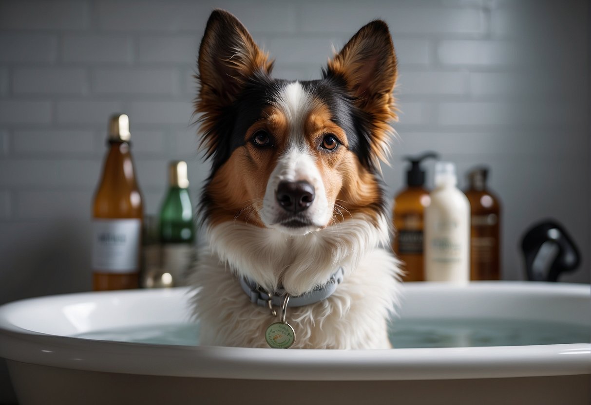 A dog standing in a bathtub, surrounded by bottles of dog shampoo and conditioner. A person holding a hose and gently rinsing the dog's fur