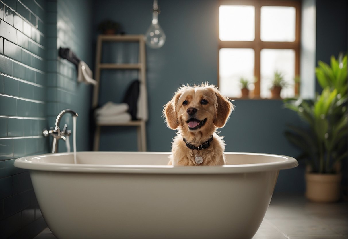 A dog standing in a bathtub with water, shampoo, and a brush nearby. A person holding a towel and a happy dog in the background
