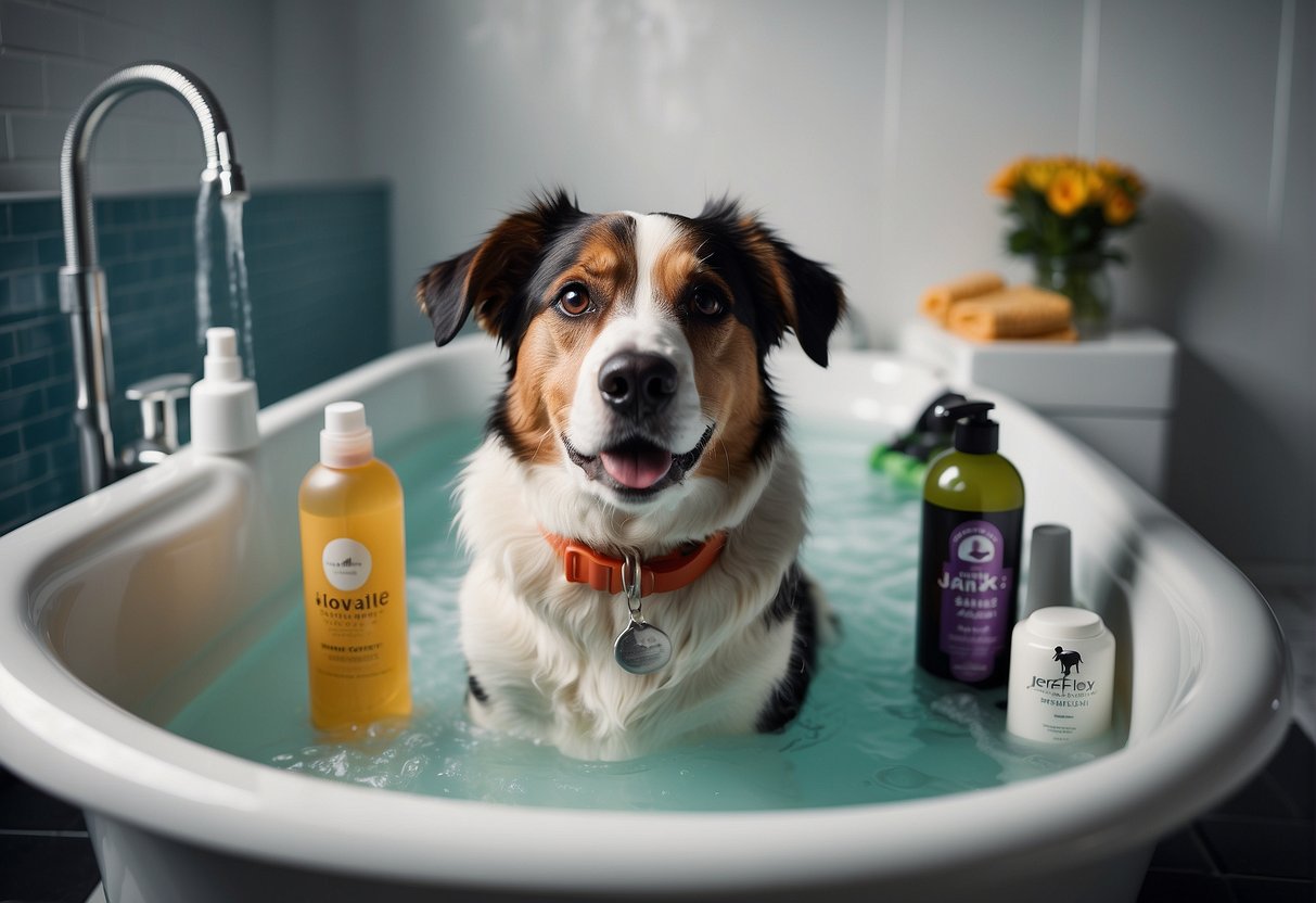 A dog stands in a bathtub, surrounded by bottles of dog shampoo, towels, and a brush. The owner holds a hose, ready to wet the dog's fur