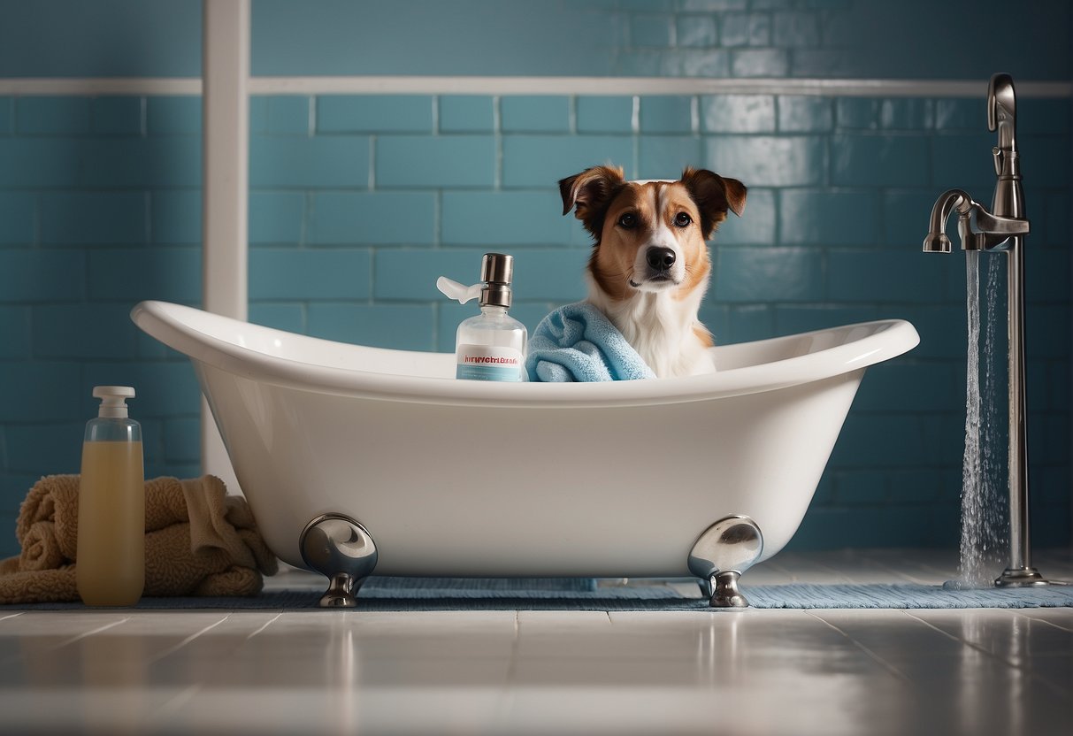 A dog standing in a bathtub, water running from a handheld showerhead, surrounded by bottles of dog shampoo and a towel hanging nearby