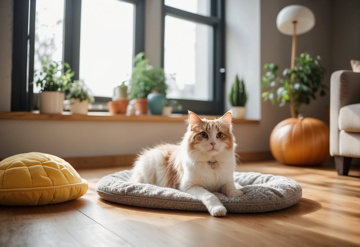 A cozy living room with pet toys scattered across the floor, a comfortable pet bed in the corner, and a large window letting in natural light