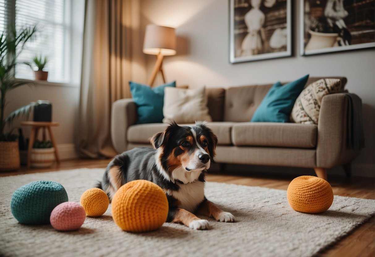 A cozy living room with pet toys scattered on the floor, a comfortable pet bed in the corner, and a variety of pet-friendly decor and furniture