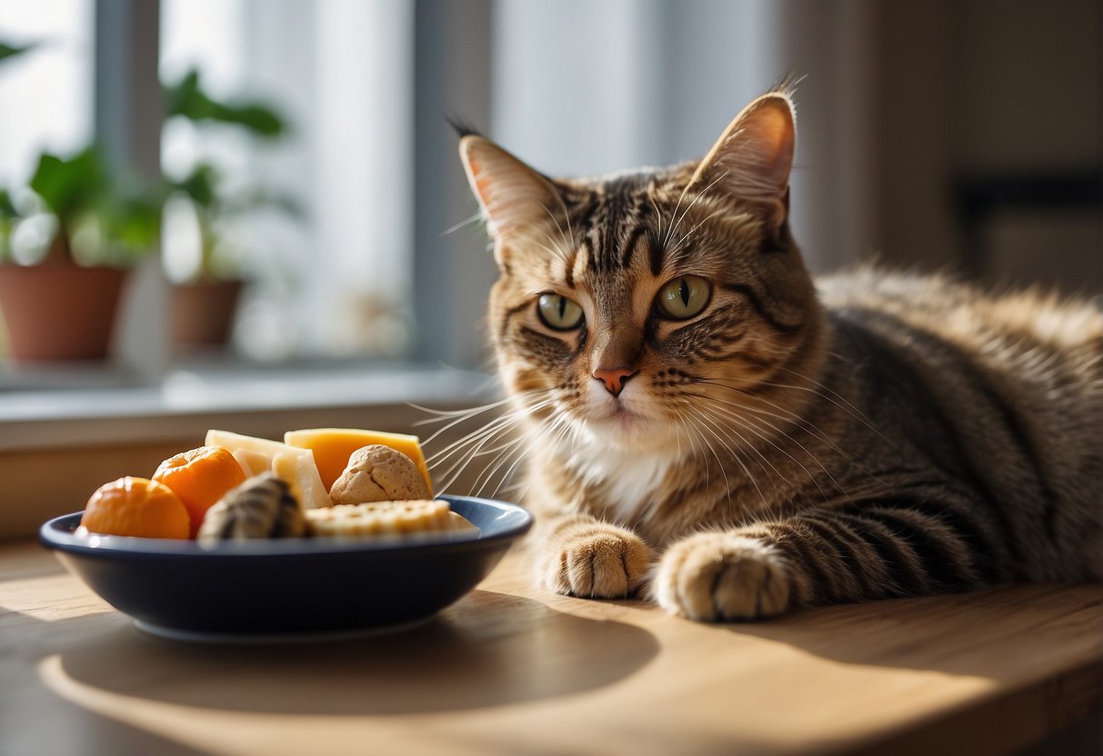 A cat eating balanced meals and drinking water, with a variety of toys and scratching posts available in a clean and spacious environment