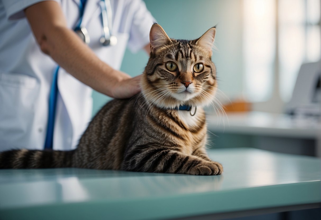 A cat sitting on a veterinarian's table, receiving a routine check-up. The vet provides basic health and care tips to keep the cat healthy