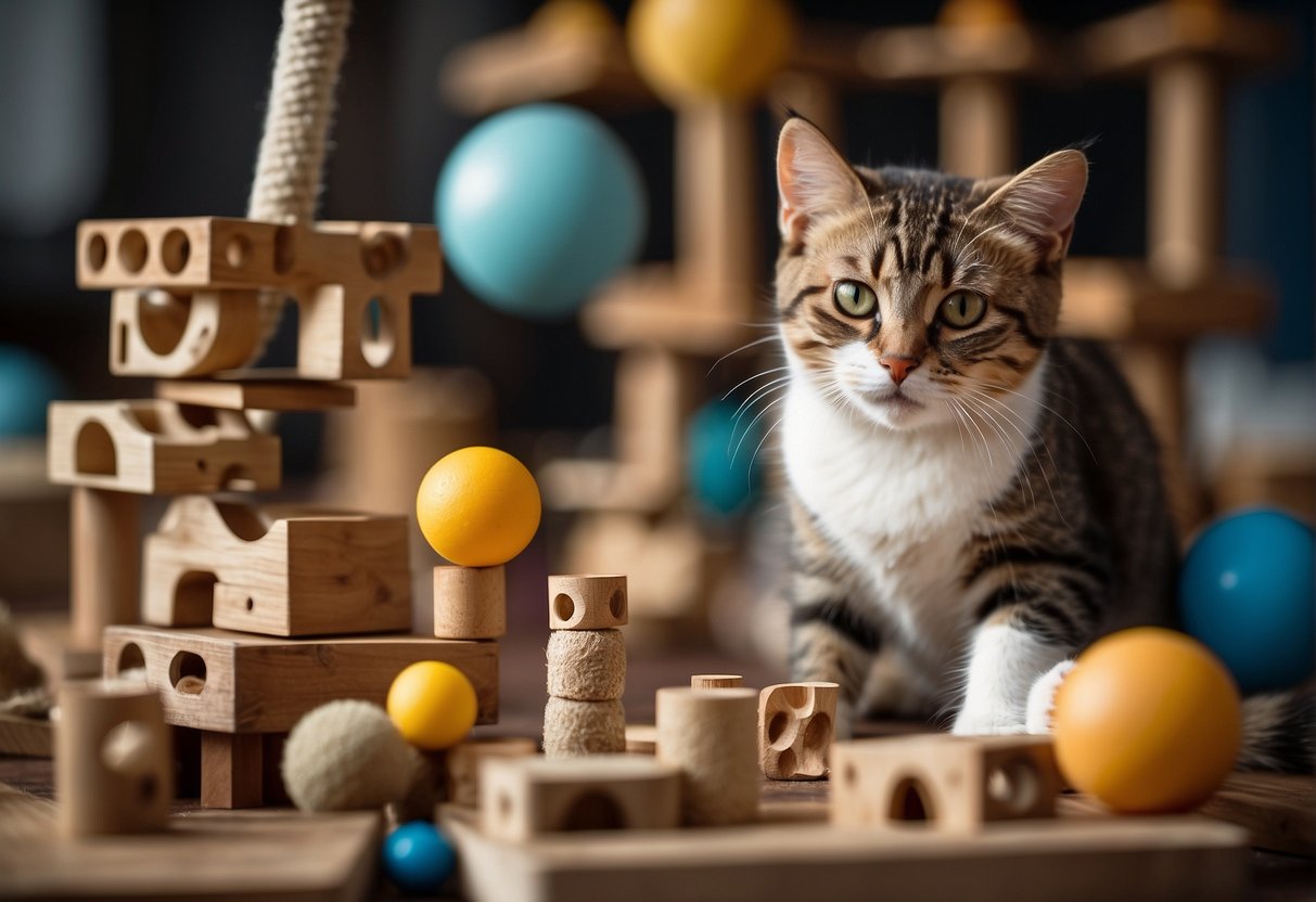 A cat playing with various toys and engaging in physical activity, surrounded by a variety of enrichment items such as scratching posts, climbing structures, and puzzle feeders