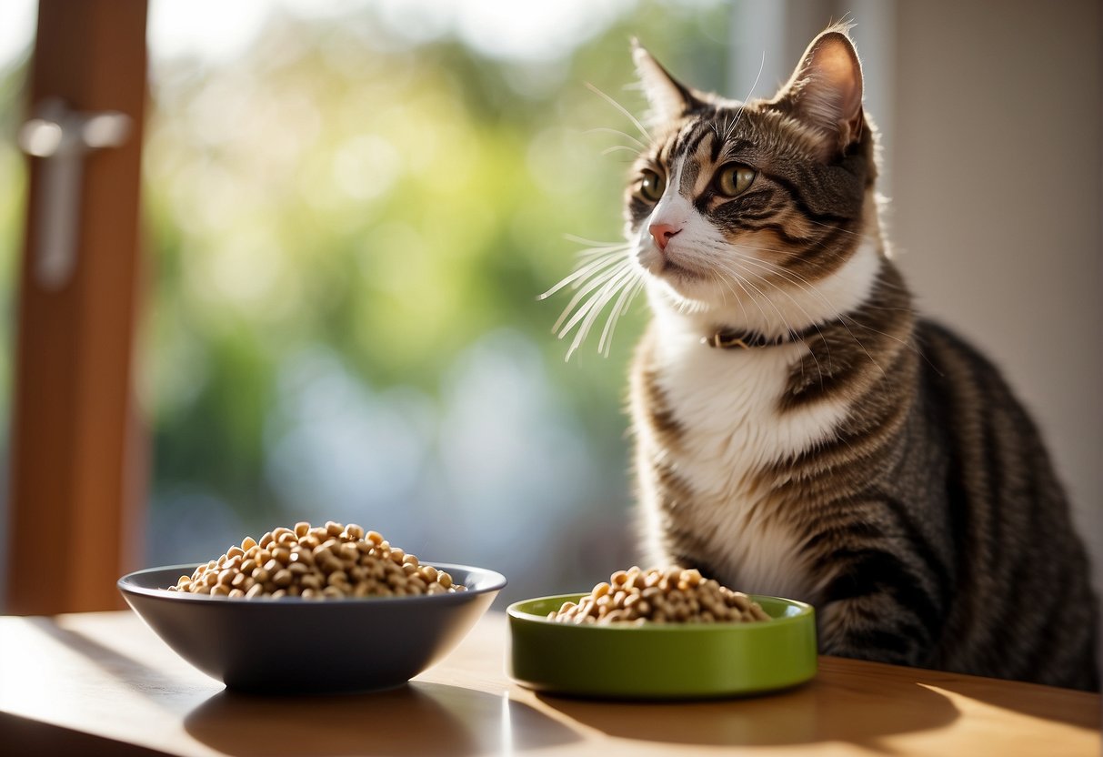 A cat sitting next to a bowl of fresh water and a plate of healthy cat food, with a scratching post and a cozy bed in the background