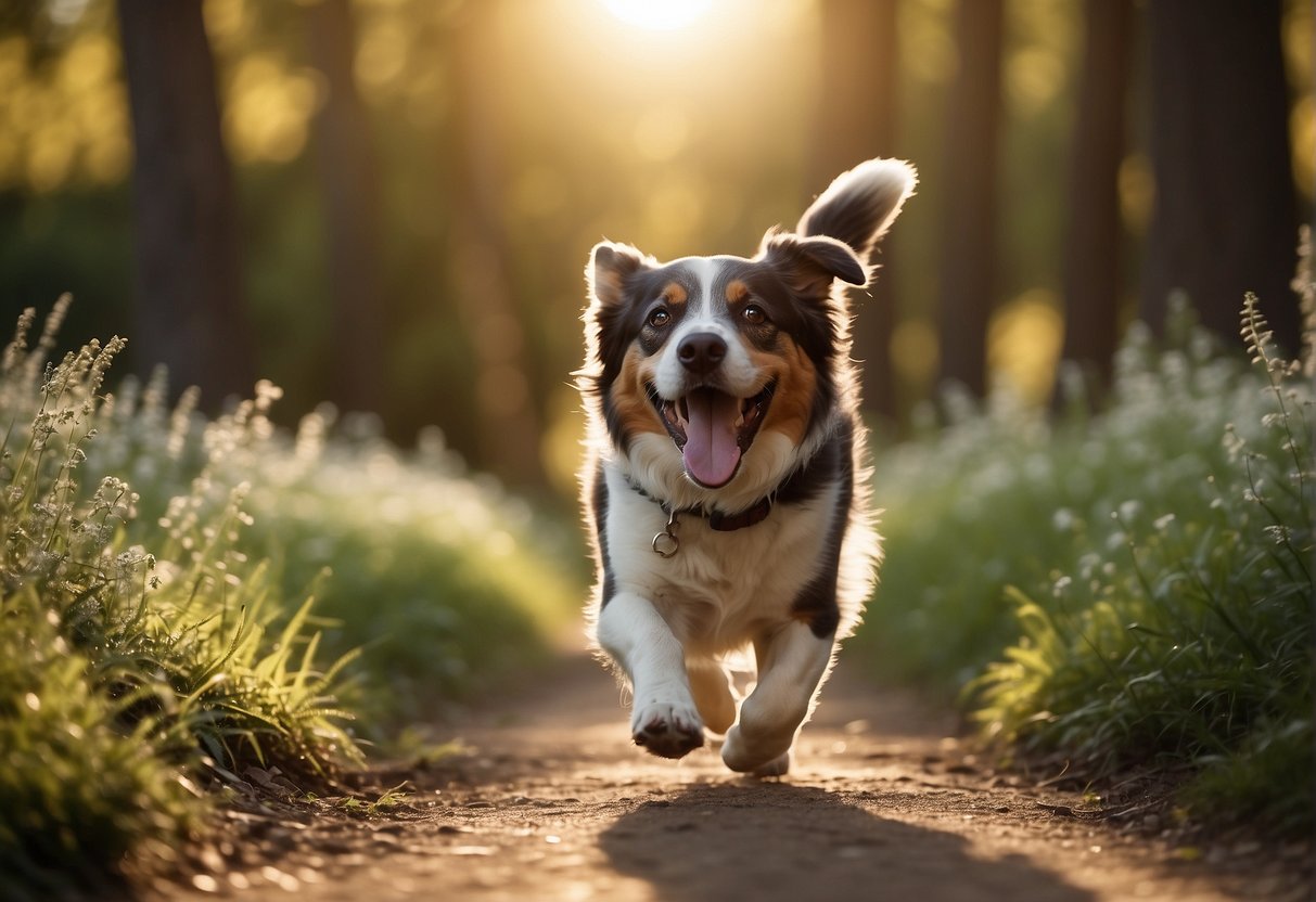 A happy dog trotting along a tree-lined path, tail wagging and tongue lolling out, while the sun shines down and birds chirp in the background