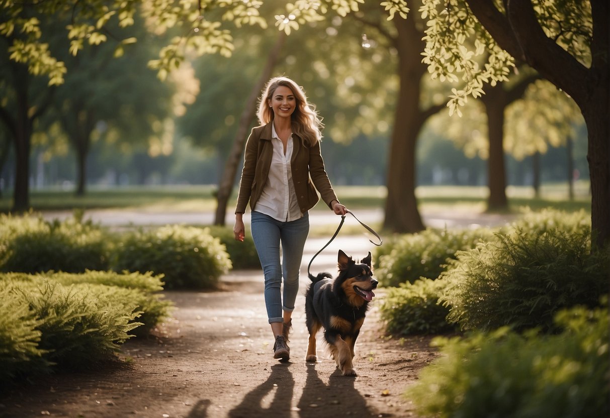 A person and a dog walking together in a beautiful park, surrounded by trees and greenery. The dog is happily wagging its tail and the person is smiling, enjoying the bonding experience with their pet