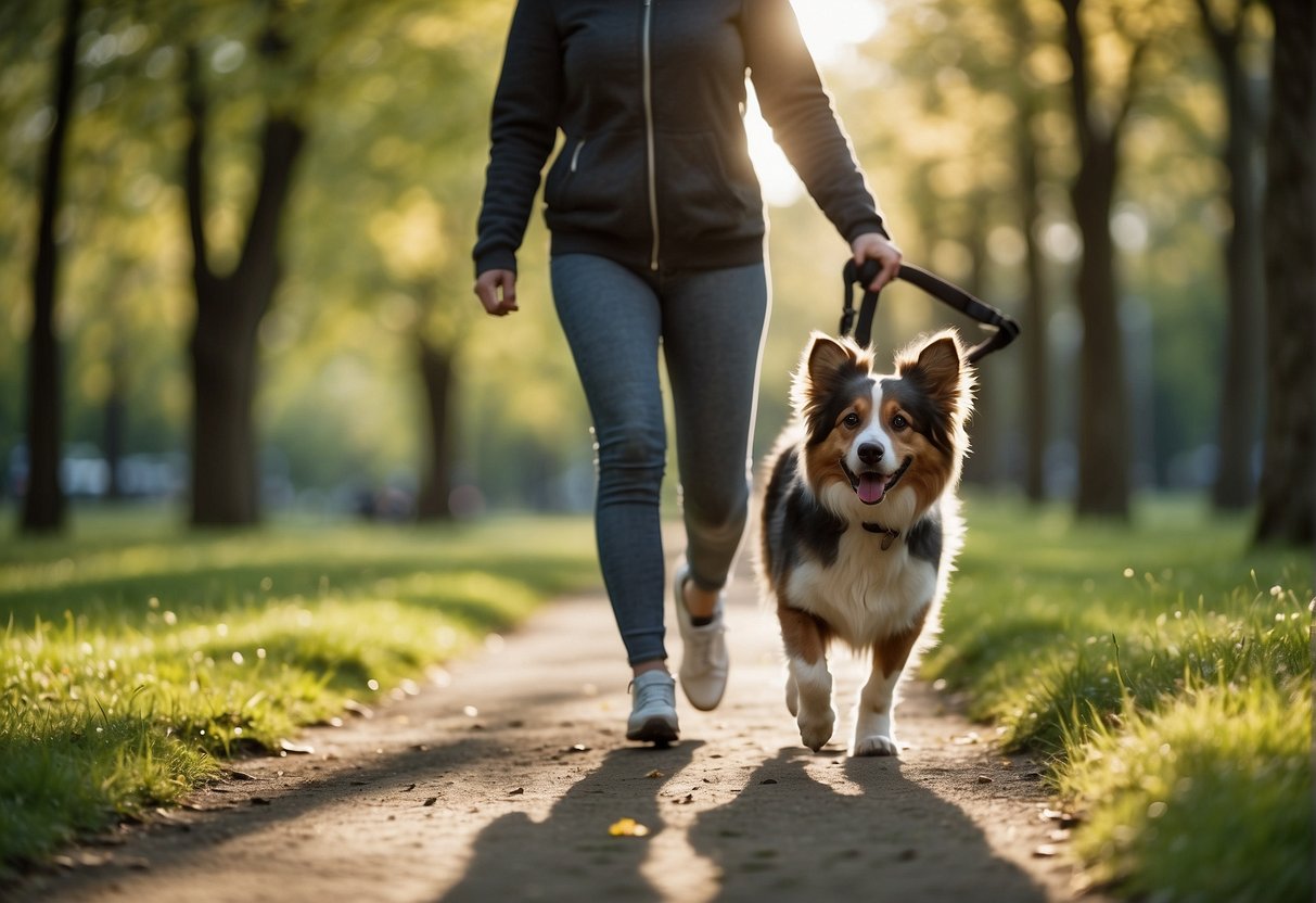 A happy dog walks with its owner through a green park, enjoying the fresh air and exercise. The dog's tail wags as it trots along, benefiting from the physical activity