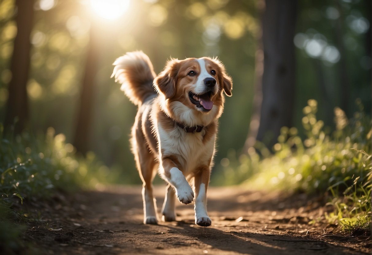 A dog happily walking on a peaceful trail, surrounded by nature, with sunlight streaming through the trees. The dog is relaxed, and the scene evokes a sense of calm and tranquility