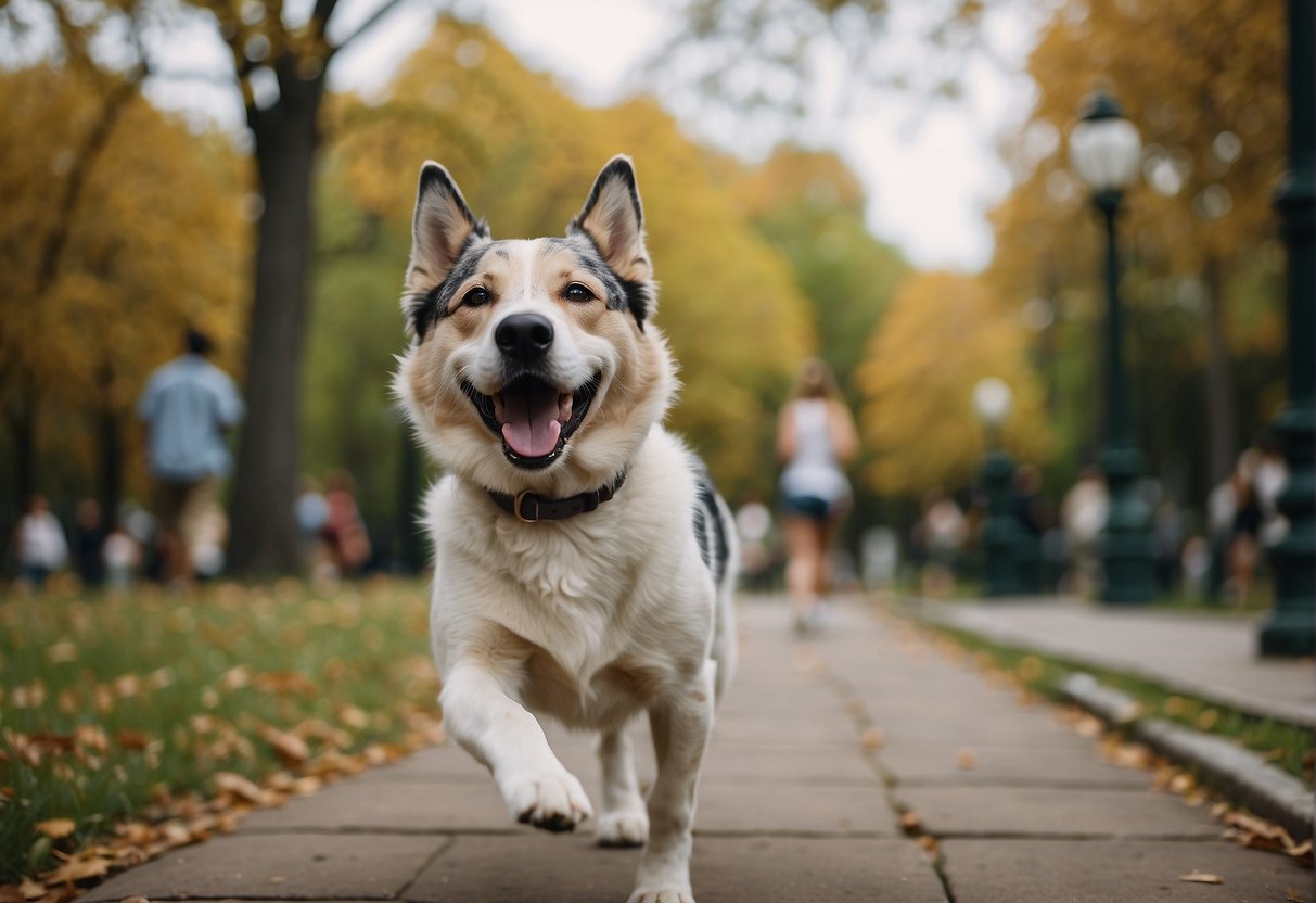 A dog happily walks through a bustling park, greeting other dogs and their owners, showcasing the socialization opportunities that come with regular walks