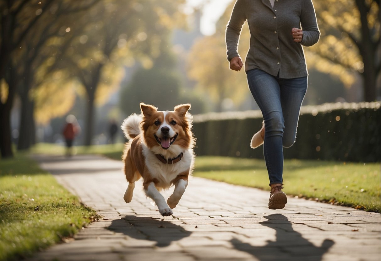 A dog running alongside its owner, both with big smiles, in a park. The owner looks healthier and happier. The dog is wagging its tail
