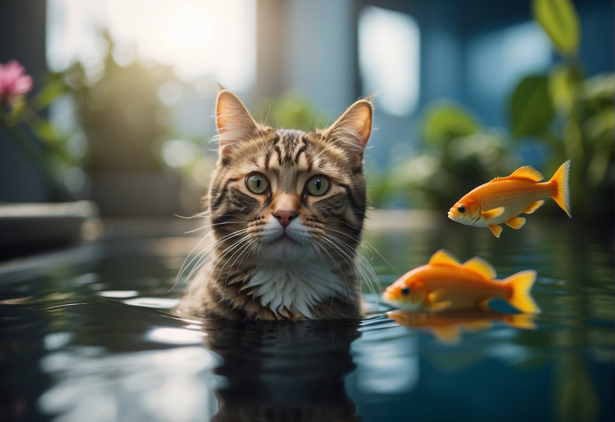 A joyful dog wagging its tail, a content cat purring, and a serene fish swimming in a tank, all surrounded by bright colors and soft textures