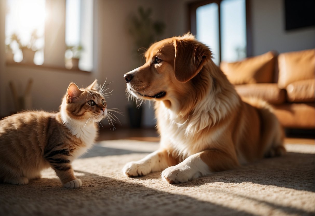 A dog and cat play together in a sunny living room, showing the social and lifestyle benefits of having a pet